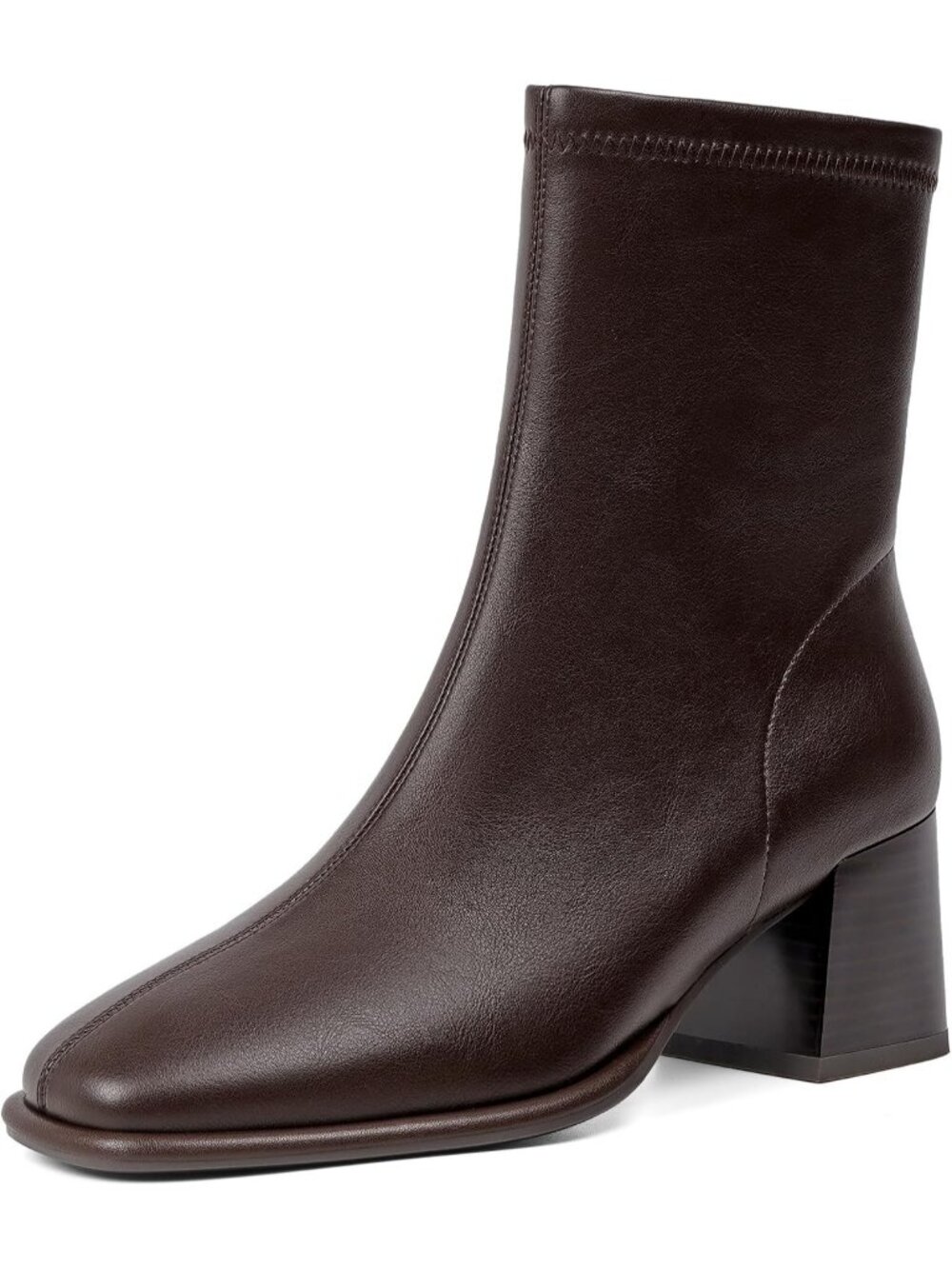 Women's Chocolate Faux Leather Chunky Block Heel With Side Zipper Stretch Boots